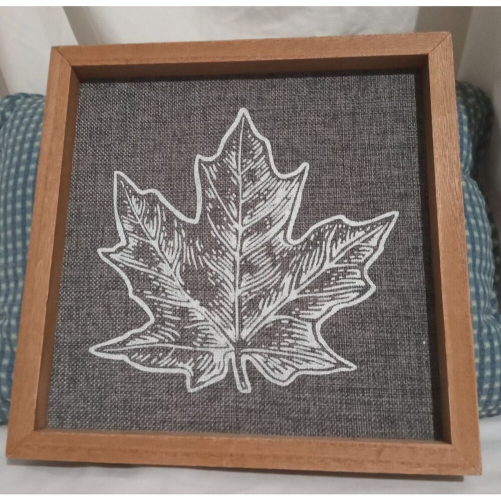 Rustic Framed Maple Leaf Wall Decor Wooden Frame Grey Burlap Fabric Rustic